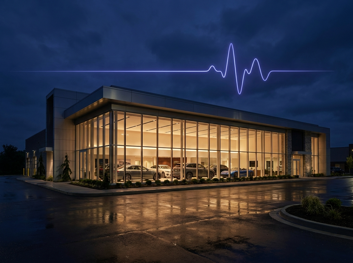 Modern dealership at dusk